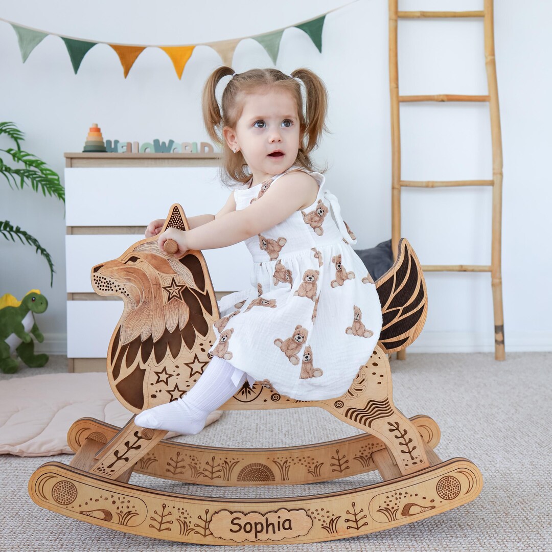 Toddler Rocking Animal Personalized Wooden Wolf Rocking Toy, Handmade Aesthetic Nursery ...