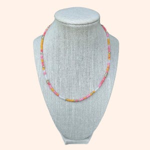 Sunset Seed Bead Elastic Necklace in Pink, Orange, White and Gold, Affordable Jewelry Accessory Gift For Women.