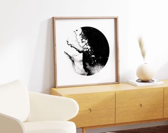 Originalkunstwerk, druckbare Wandkunst, Schwarzweiße abstrakte Kunst, Galeriewandkunst, Digitaldrucke, digitale Kunst, quadratischer Rahmen