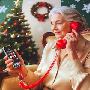 以下が含まれることがあります： 高齢者がスマートフォンを見ながら、赤い電話の受話器を耳に当てています。電話コードは赤色でコイル状です。背景にはクリスマスツリーとリースが見え、ホリデーシーズンを連想させます。