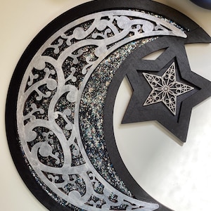 Arte de pared con filigrana de luna y estrella l Colgante de pared l Colgante de pared con forma de luna y estrella l Decoración del hogar l Regalo l Decoración de pared