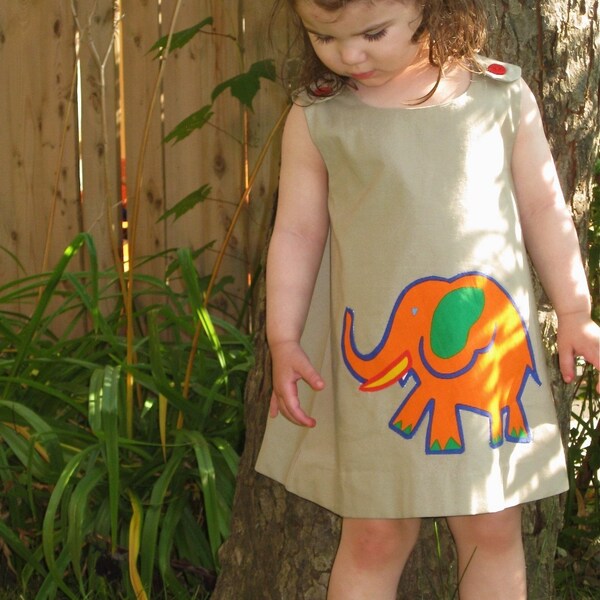 organic girls dress with golden orange vintage elephant / indie custom kids clothing