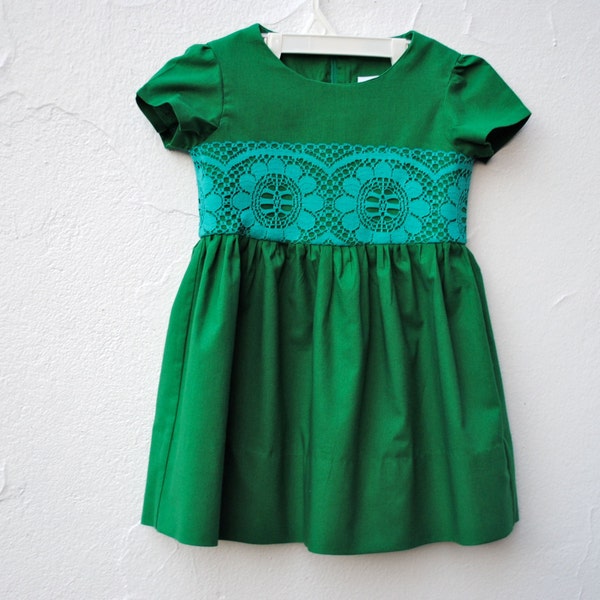 The Katie Dress - Emerald Green Retro Party Dress with Vintage Teal Lace - Modern Kids Spring Fashion