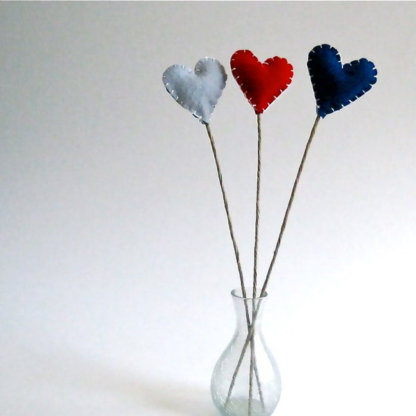 nautical hearts flowers stems set of 3 / eco friendly love table decor in red and navy blue wool (READY TO SHIP)
