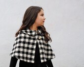 Wool Cape - Black and White Winter Kids Fashion - Girls Capelet Jacket with Peter Pan Collar in Vintage Wool - Toddler Size 1T to 3T