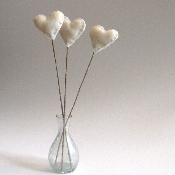 home decor hearts flowers stems SET of 3 / creamy white opal eco friendly table decorations