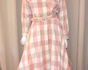 Vintage Dress Peachy Plaid All Week Long 1980's Full Skirt