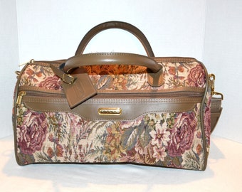 Vintage Tapestry Tote Shoulder or Hand Carry Flowers on Taupe