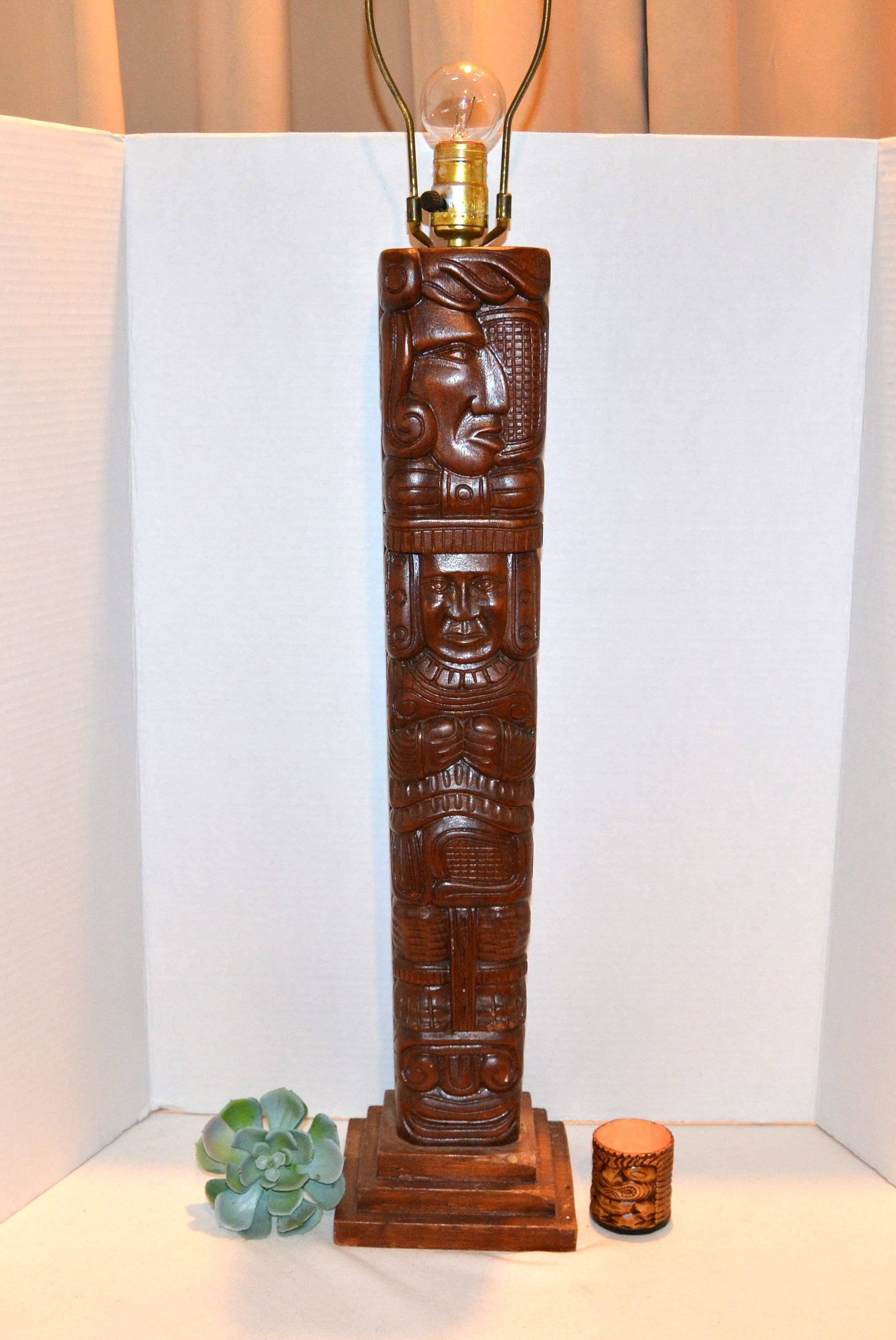 Vintage Polynesian Tiki Wood Carved Figural Table Lamp – 36