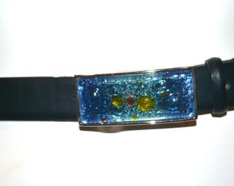 Qualheim Bollorini Italian Blue Art Glass Buckle Black Leather Belt Womens Qualheim Bollorini Black Leather Belt Glass Bubble  main image 4