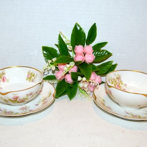 Vintage French Country Shabby Chic Tea for Two Pink with Gold Cups & Saucers