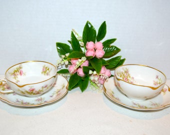 Vintage French Country Shabby Chic Tea for Two Pink with Gold Cups & Saucers