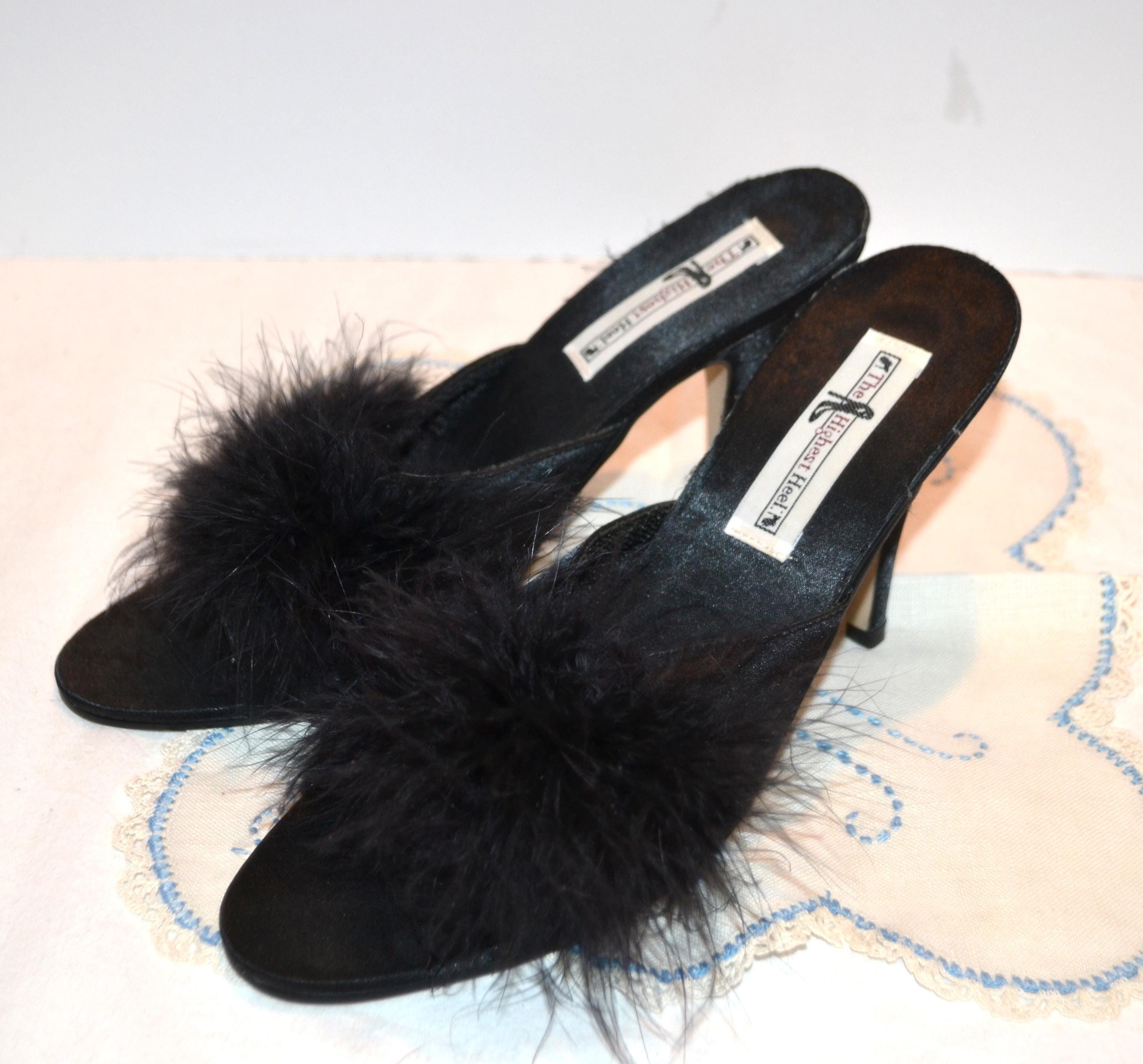 Vintage High Heel Slippers With Marabou Zsa Zsa Loves Black