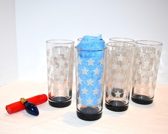 Vintage Glass Set of Six White Stars Etched on Highballs with Royal Blue