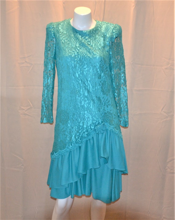 Vintage Dress Peacock Blue Lace Victorian Formal … - image 1