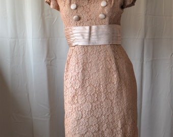 Vintage Dress 1950's Wiggle Cummerbund Champagne Shawl Collar