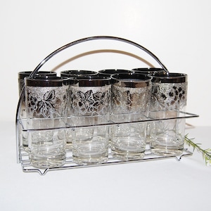 Vintage Silver Etched Glasses with Carrier - Set of 8