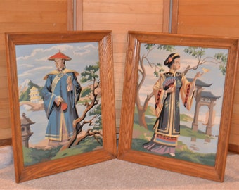 Vintage Paint by Number Ornate Gardens with Asian Inspiration 1960's Large Wall Size with Frames Him & Her