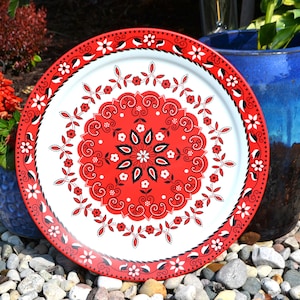 Vintage Metal Tray Red Klitsch Klatsch Country Americana Large