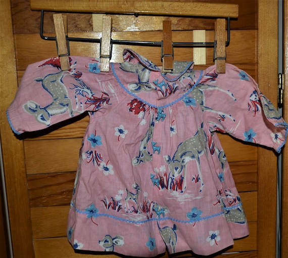 1940's Pink Baby Dress with Kitschy Deer & Buttons