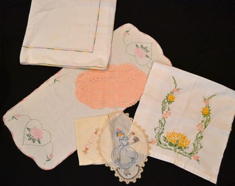 Vintage Linens Pretty Vanity Dresser Collection of Six Fresh Pieces