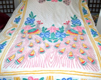 Vintage Chenille Peacocks and Flowers on White Sunny 1950&#39;s