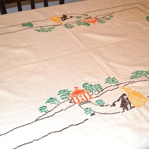 Vintage Tablecloth Early Americana Hand Stitched