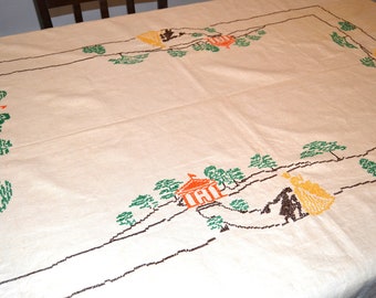 Vintage Tablecloth Early Americana Hand Stitched