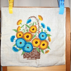 Vintage Crewel on Linen Pillow Cover or Frame Ready Flower Bouquet