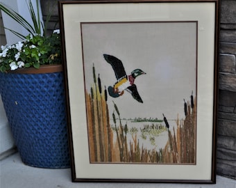 Vintage Duck in Meadow Crewel Art Extra Large Wall Hanging