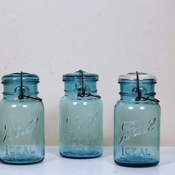 Vintage Blue Ball Jar with Glass Lids