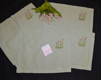 Vintage Lily of The Valley Mint Linen Placemats Pointelle with Pink Set of Six