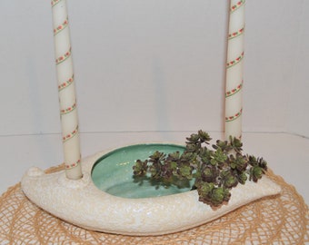 Vintage Candle with  Plant Holder Mid Century White on Bisque