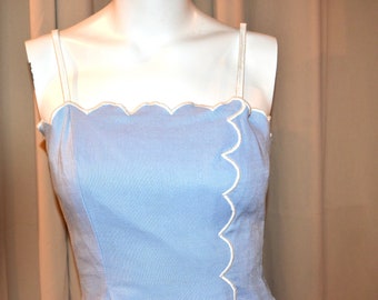 Vintage Sun Dress Strap with Blue Linen and White 1950's