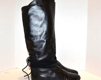 Vintage Black Boots Leather with Suede Tall Pointy Pixie with Laces