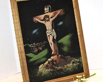 Vintage Jesus on Cross Crucifix on Black with Frame