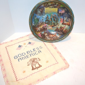 Vintage Metal Bowl Bicentennial 1976 with Americana Crochet Decor
