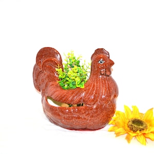 Vaso da fiori vintage a forma di gallina anni '70, stile rustico.