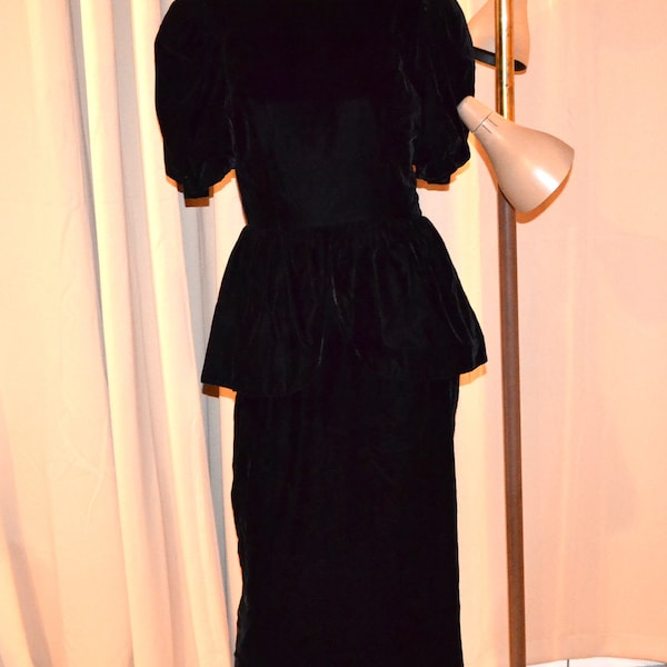 Vintage Dress Black Velvet with Peplum and Scoop Back Opening Night