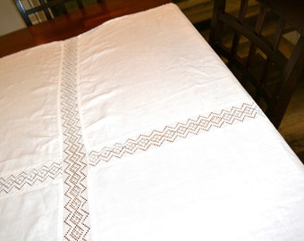 Antique Linen White Cut Work Table Cover Dresser Scarf