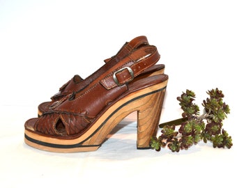 Vintage Shoe Sandal Wood & Leather Chunky