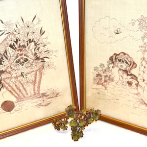 Vintage Big Eye Kitten & Puppy Stitches on Linen with Frames 1970&#39;s