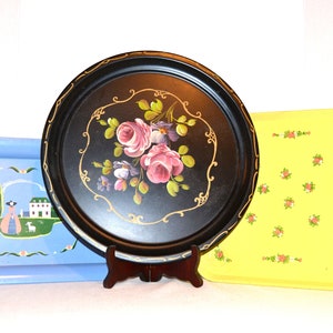 Roses on Metal Trays Three 1950&#39;s Kitsch Farmhouse Shabby Country French Provencial