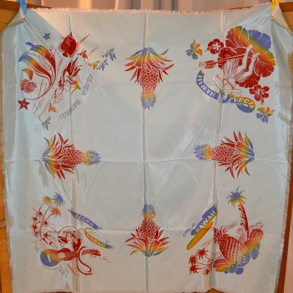 Nappe vintage Souvenir Aloha Hawaii avec franges et beaux graphismes