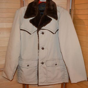 Mens Vintage Western Canvas Coat 1970&#39;s Barrel Buttons Fuzzy Lining