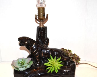 Vintage 1950's Black Panther Cat Exotic Lamp with Planter