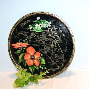 Vintage metalen dienblad souvenir florida, kitscherige oranjebloesem en kaart