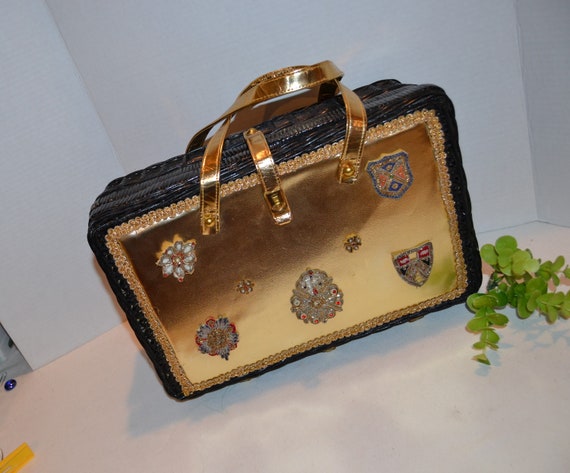 Vintage Handbag 1950's Crests in Beads on Gold wi… - image 2