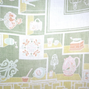 May include: A patterned fabric featuring a repeating design of shelves with various kitchenware items. The color palette includes shades of green, yellow, and white, with accents of pink and orange. The fabric has a vintage aesthetic.
