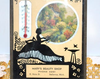 Vintage Silhouette 1940&#39;s Calander Garden Birds and Thermometer Mary&#39;s Beauty Shop